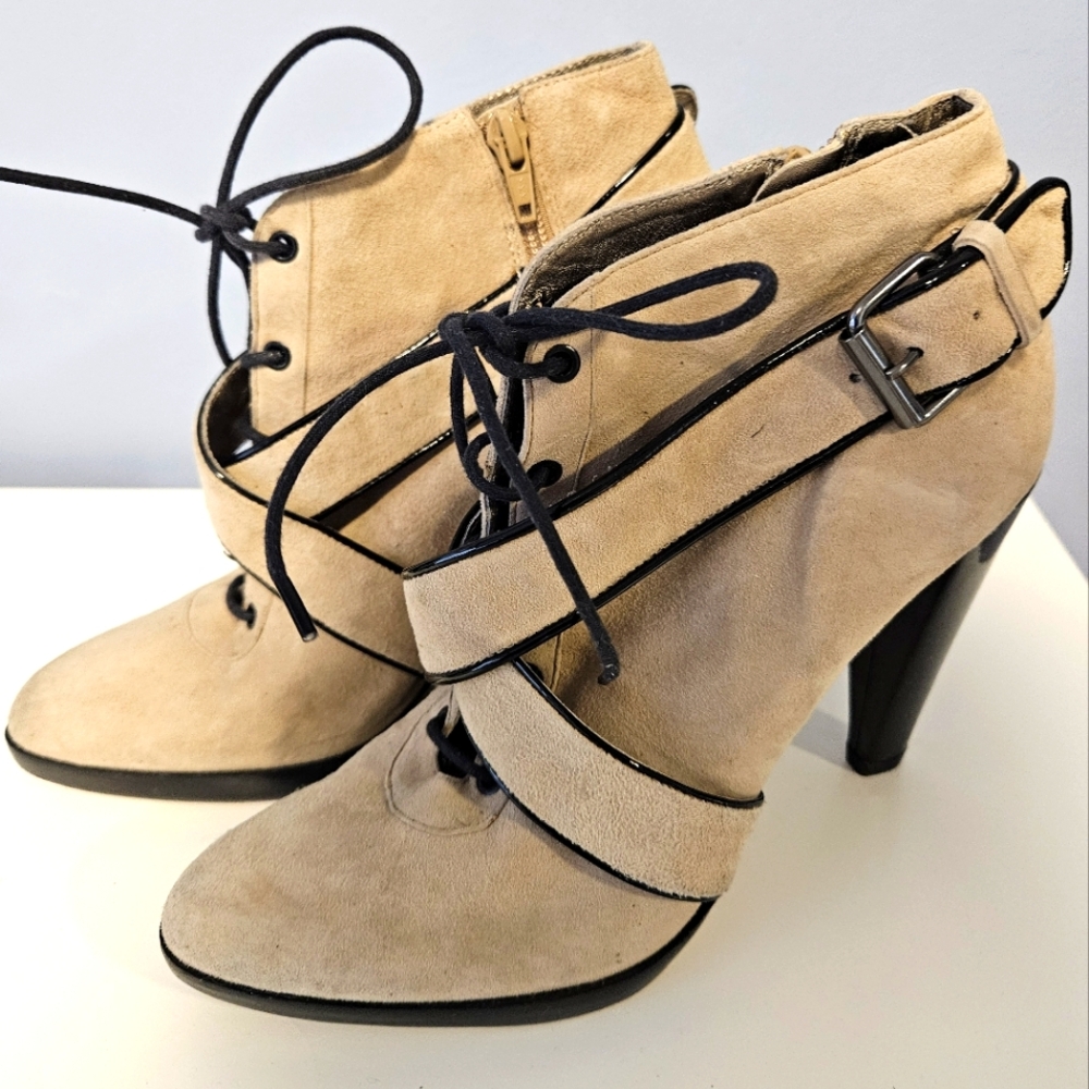 Women's Rebecca Taylor Tan Beige And Black Lace-Up Ankle Boots (Booties)